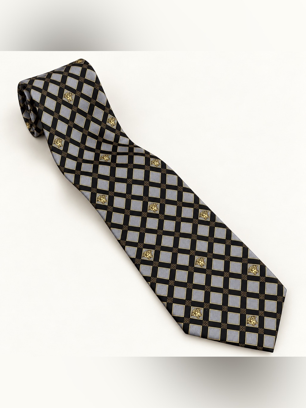 Vintage Versace Tie Black Silver Gold Medusa Geometric 57" Made in Italy